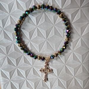 Gold and Purple/Green Multicolor Beaded Bracelet with Cross Charm Pendant